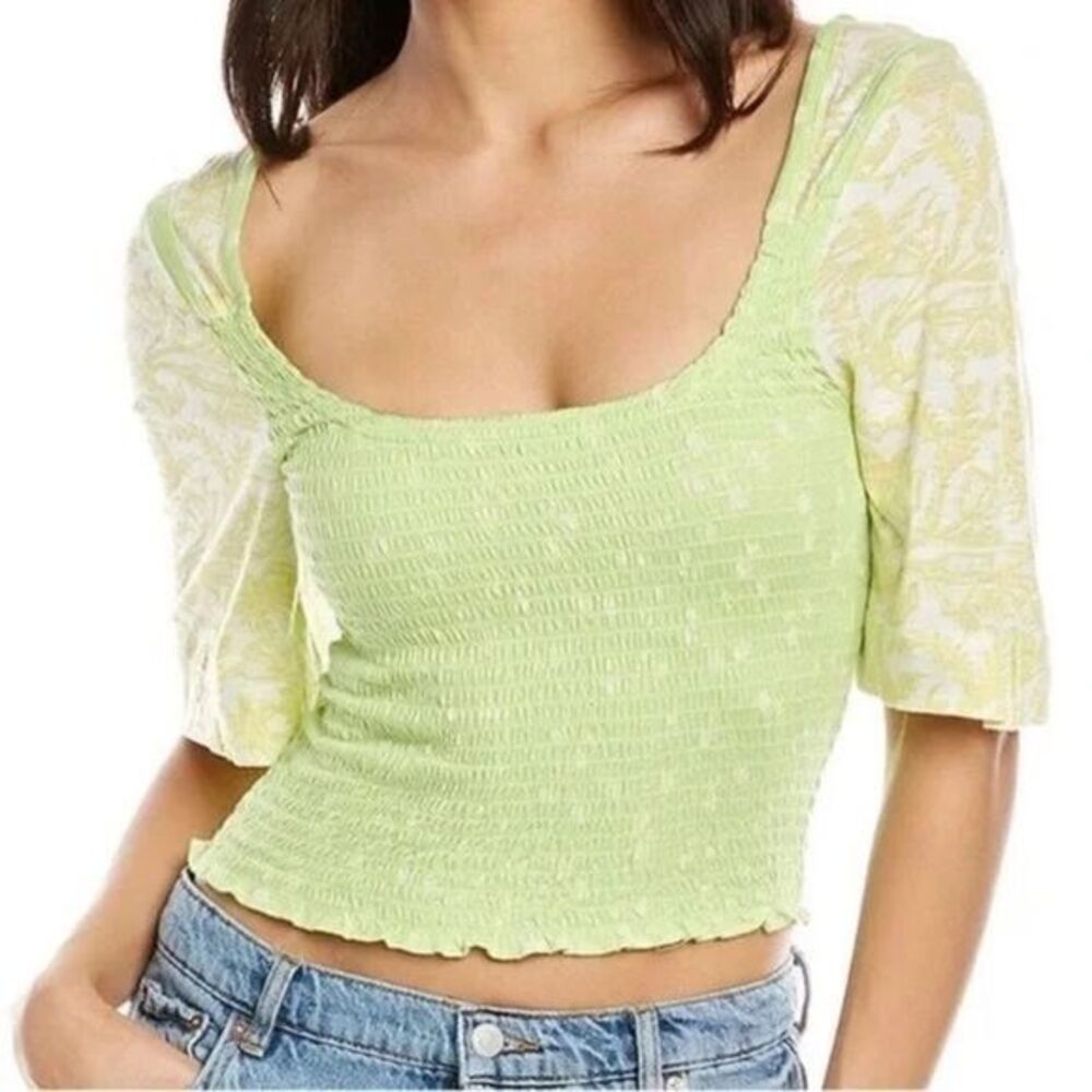 Free People Floral Smocked Square Neck Top Puff Sleeve Green Yellow Size M